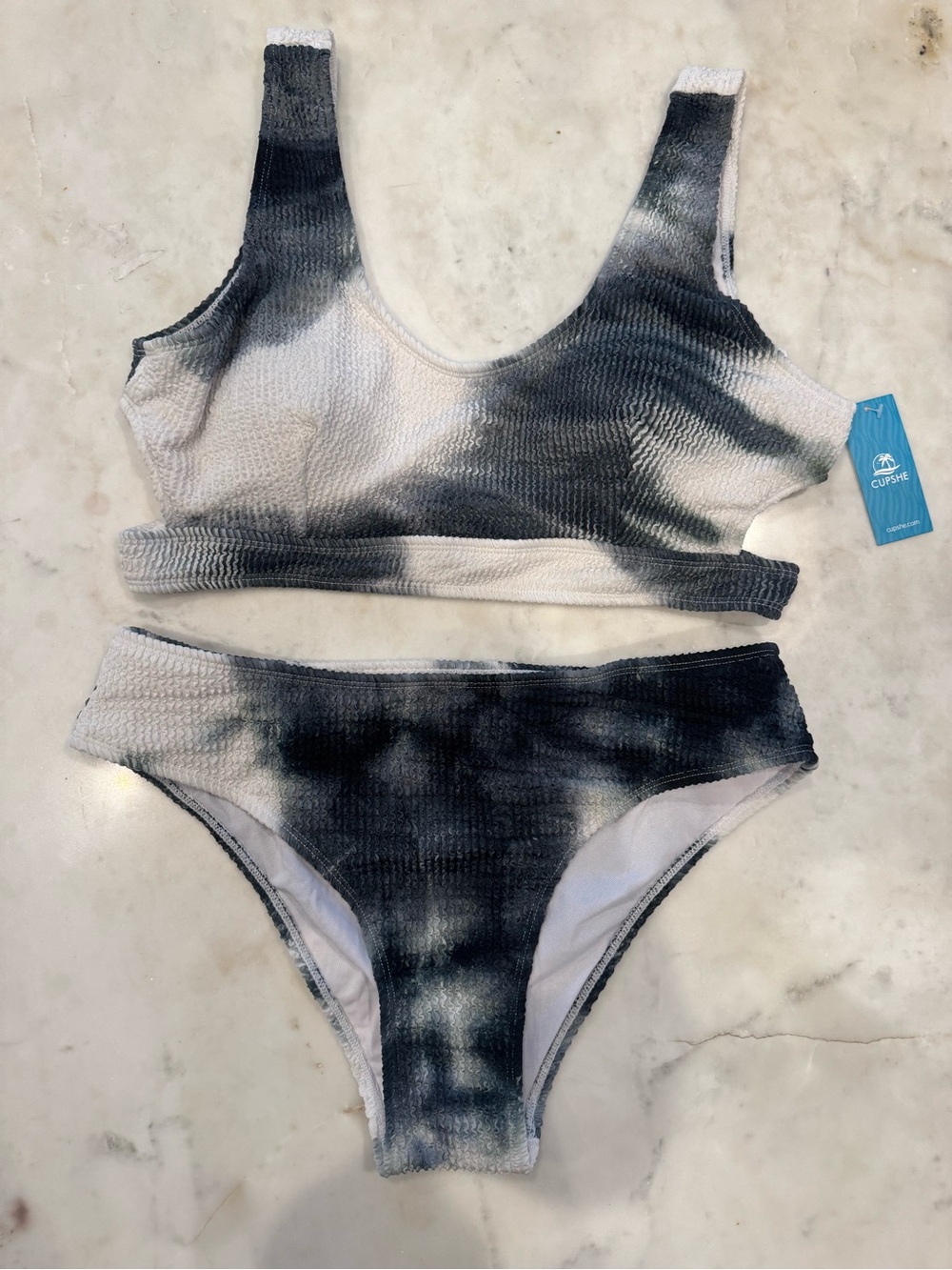 Cupshe Sizs L Tie-Dye Textured Bikini Set - Black & White